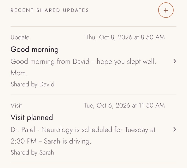 Design preview: Family feed: a good-morning update from David and a planned visit shared by Sarah