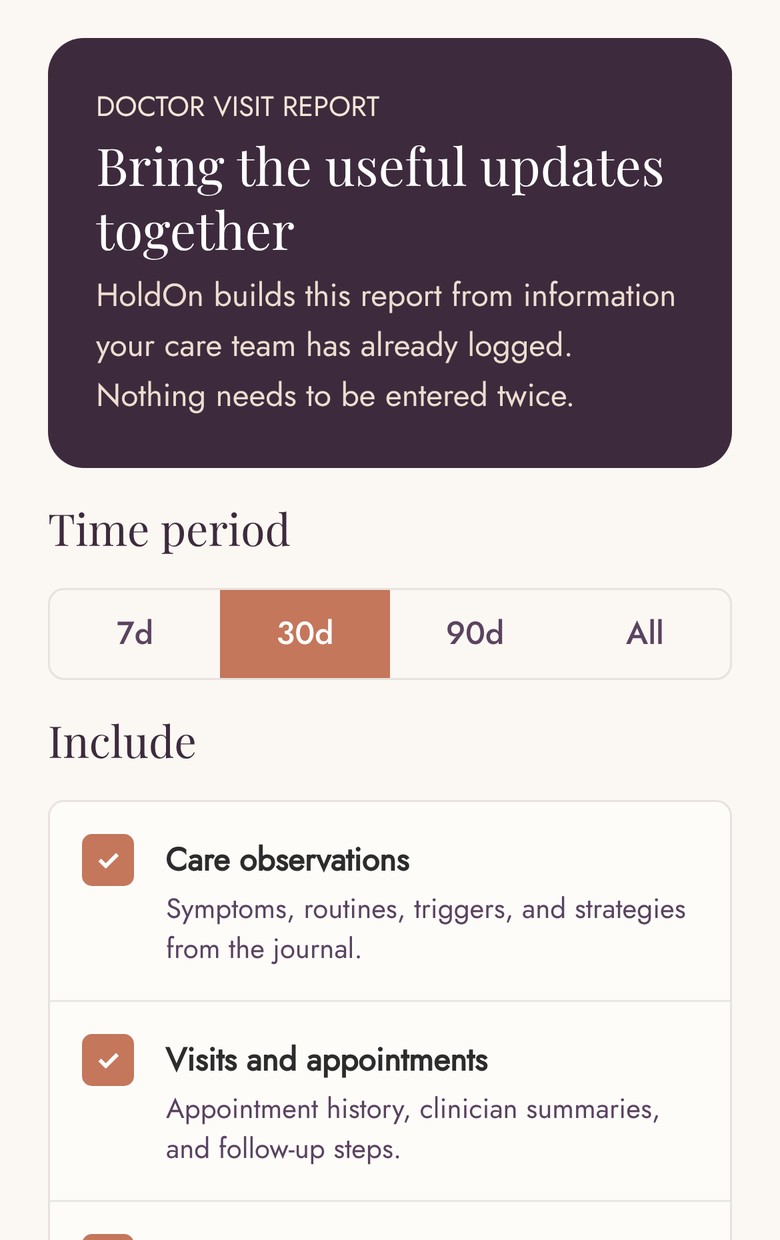 Design preview: Doctor Visit Report screen with a 30-day time period and checkboxes for care observations, visits and evening support