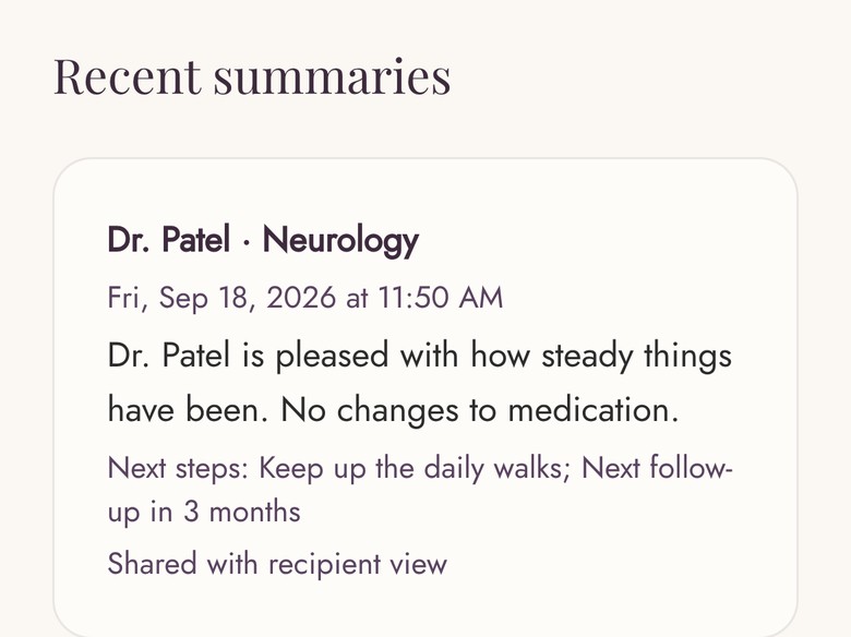 Design preview: Doctor visit summary from Dr. Patel: steady, no medication changes, next steps and a follow-up in 3 months