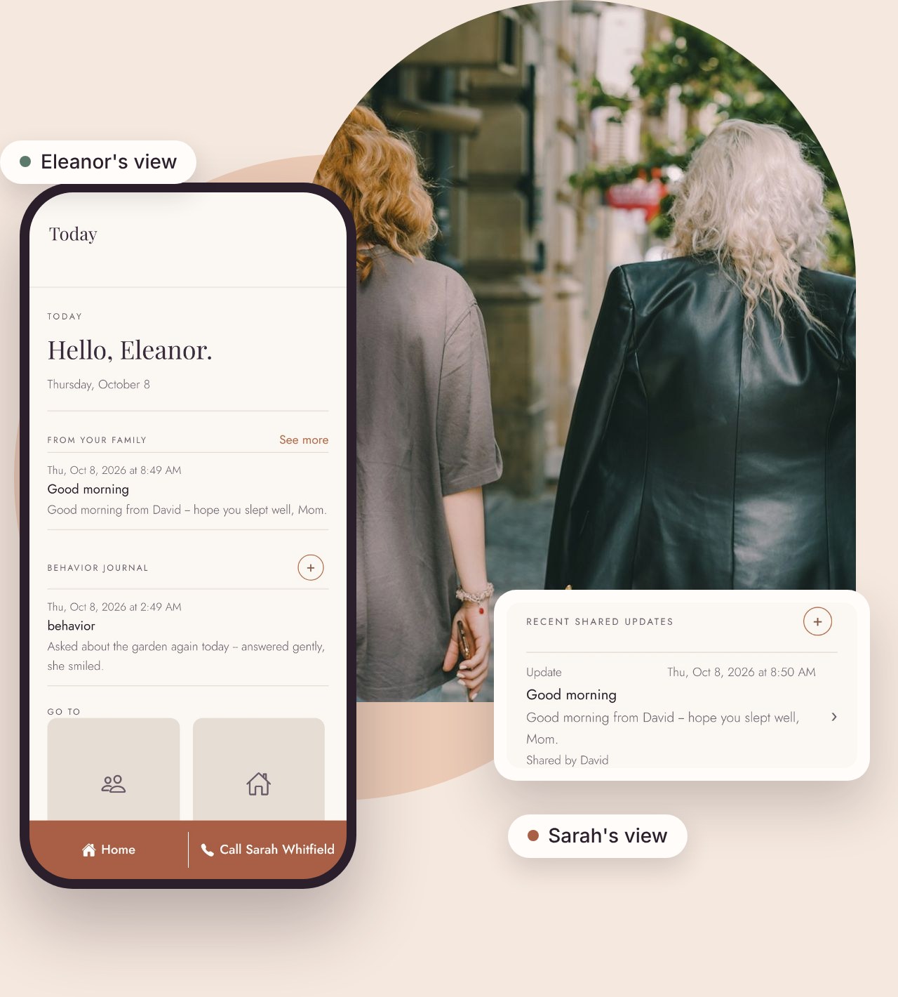 Design preview: HoldOn Together app: a simple Today screen with a Call Sarah button, beside a photo of a daughter and her mother walking together and the family feed